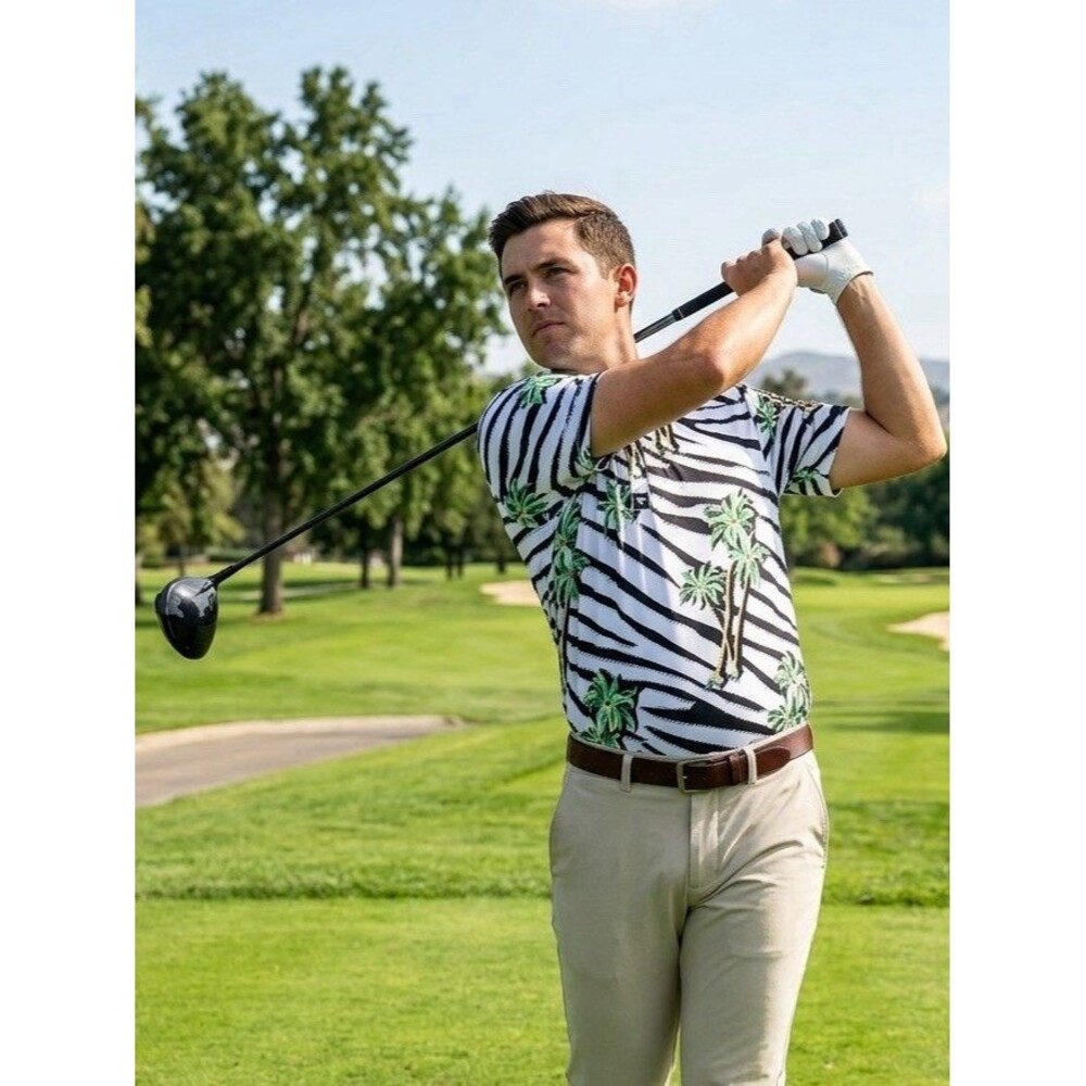Bad Birdie Golf Polo Shirt Mens XL White Black Zebra Stripe Palm Tree Hawaiian